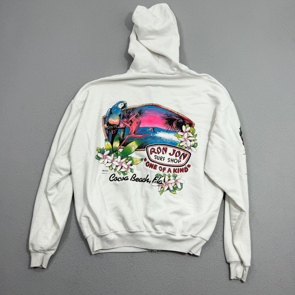 Vintage Ron Jon Surf Shop Hoodie Mens XL White Parrot Full Zip Cocoa Beach FL